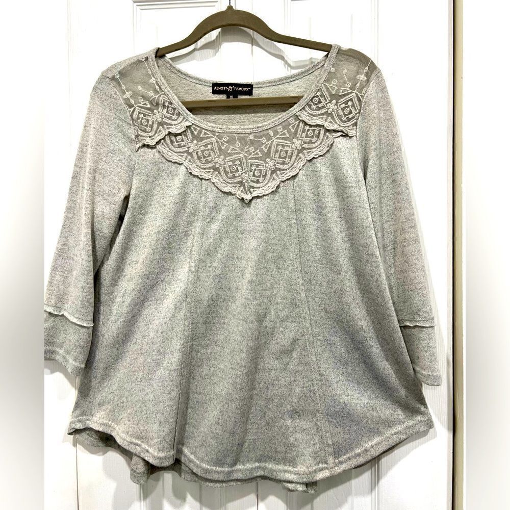 Almost Famous gray flared long sleeve lace neck line top size XL (3x$15) - Picture 2 of 8